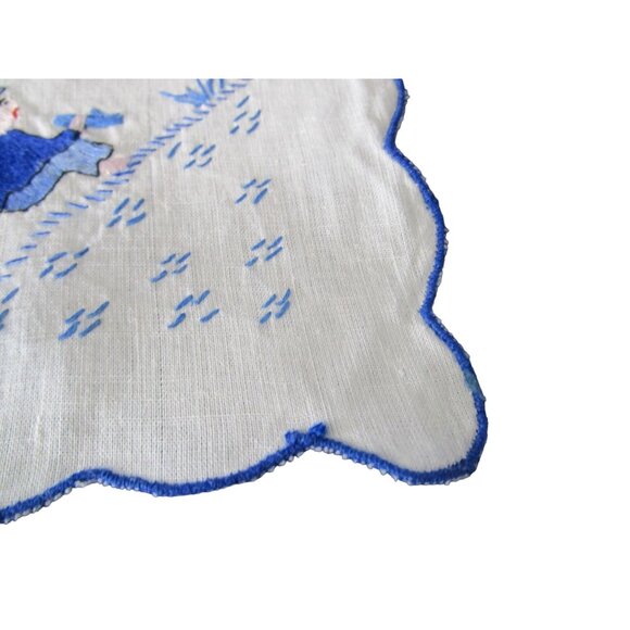 Vintage Embroidered Napkins Blue Shirt Boy Boat Scalloped Edges Four GUC - Picture 7 of 15